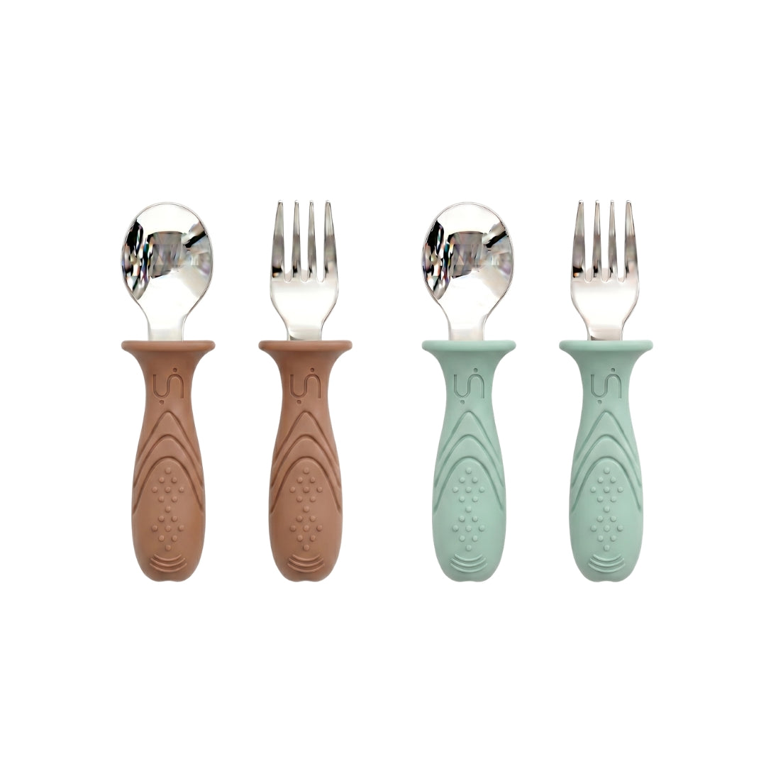 Stainless Steel Self Feeding Utensil Set of 4 (Butter Yellow & Baby Blue)