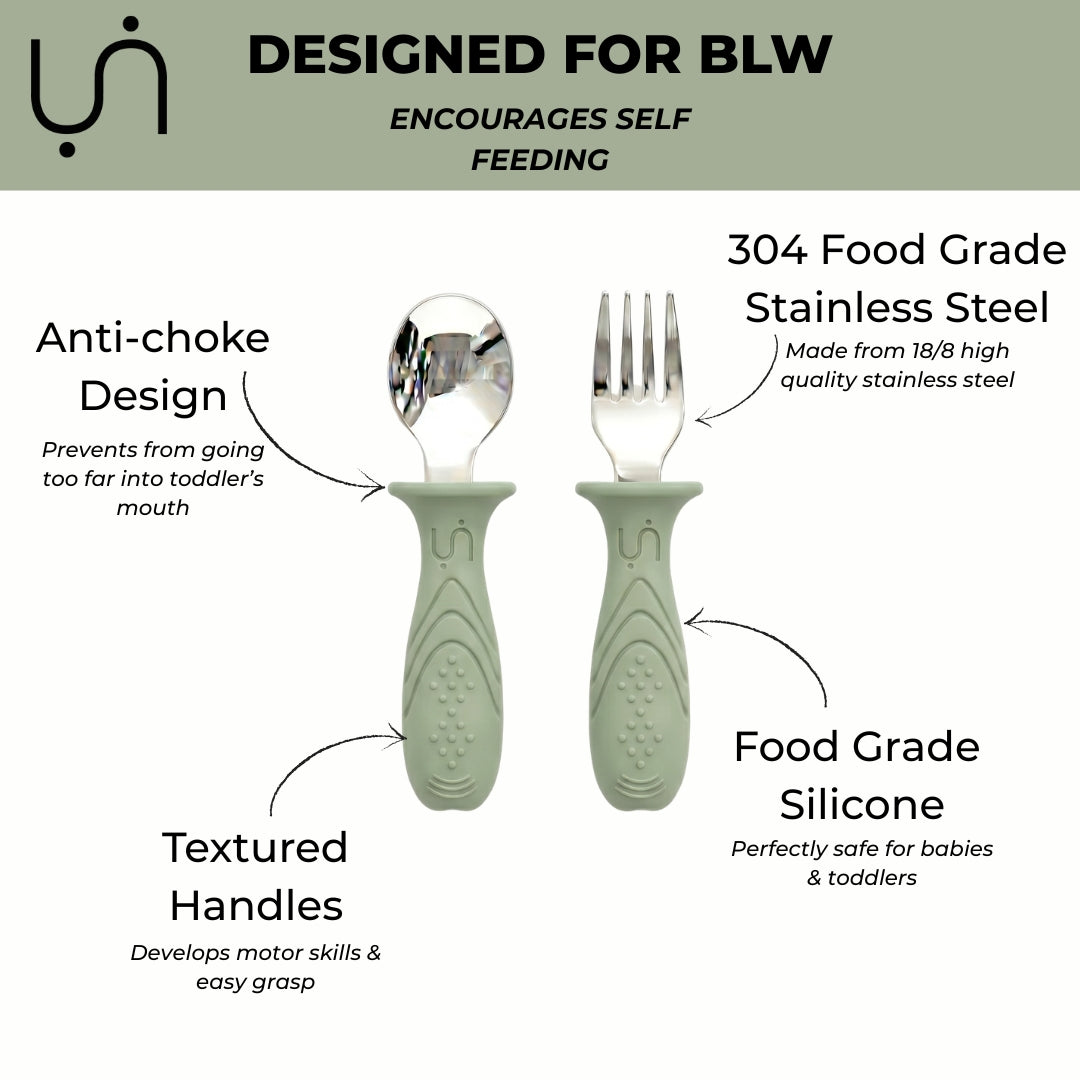 Pre-order! Stainless Steel Self Feeding Utensil Set of 4 (Mocha Mousse & Sage Green)