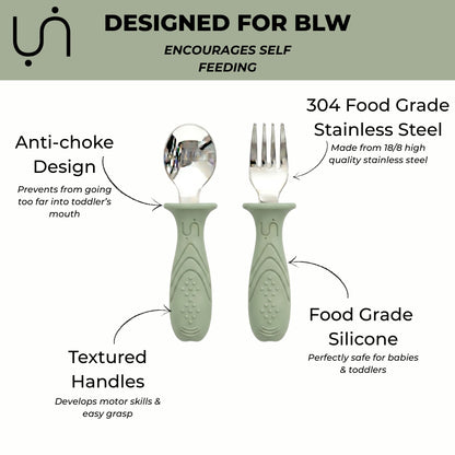 Pre-order! Stainless Steel Self Feeding Utensil Set of 4 (Mocha Mousse & Sage Green)