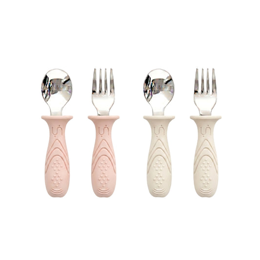 Pre-order! Stainless Steel Self Feeding Utensil Set of 4 (Tofu & Pearl Blush)