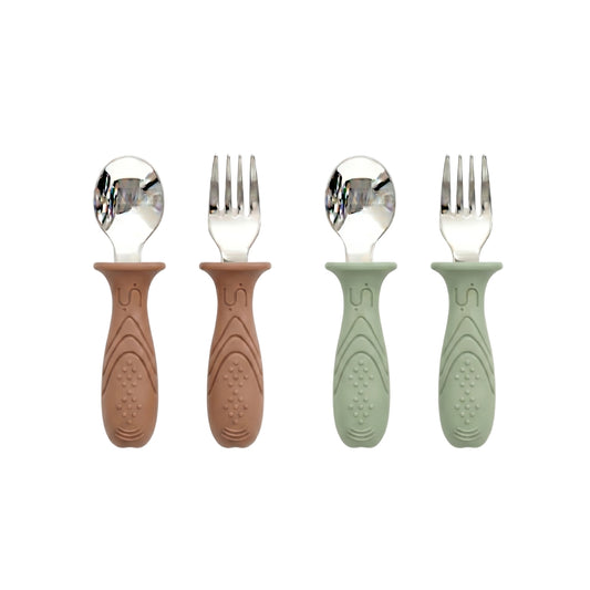 Pre-order! Stainless Steel Self Feeding Utensil Set of 4 (Mocha Mousse & Sage Green)